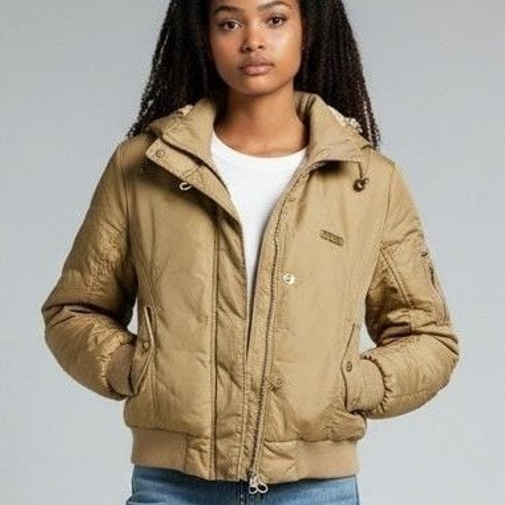 Vintage Apple Bottoms Tan Bomber Jacket with Hood and Rhinestone Logo